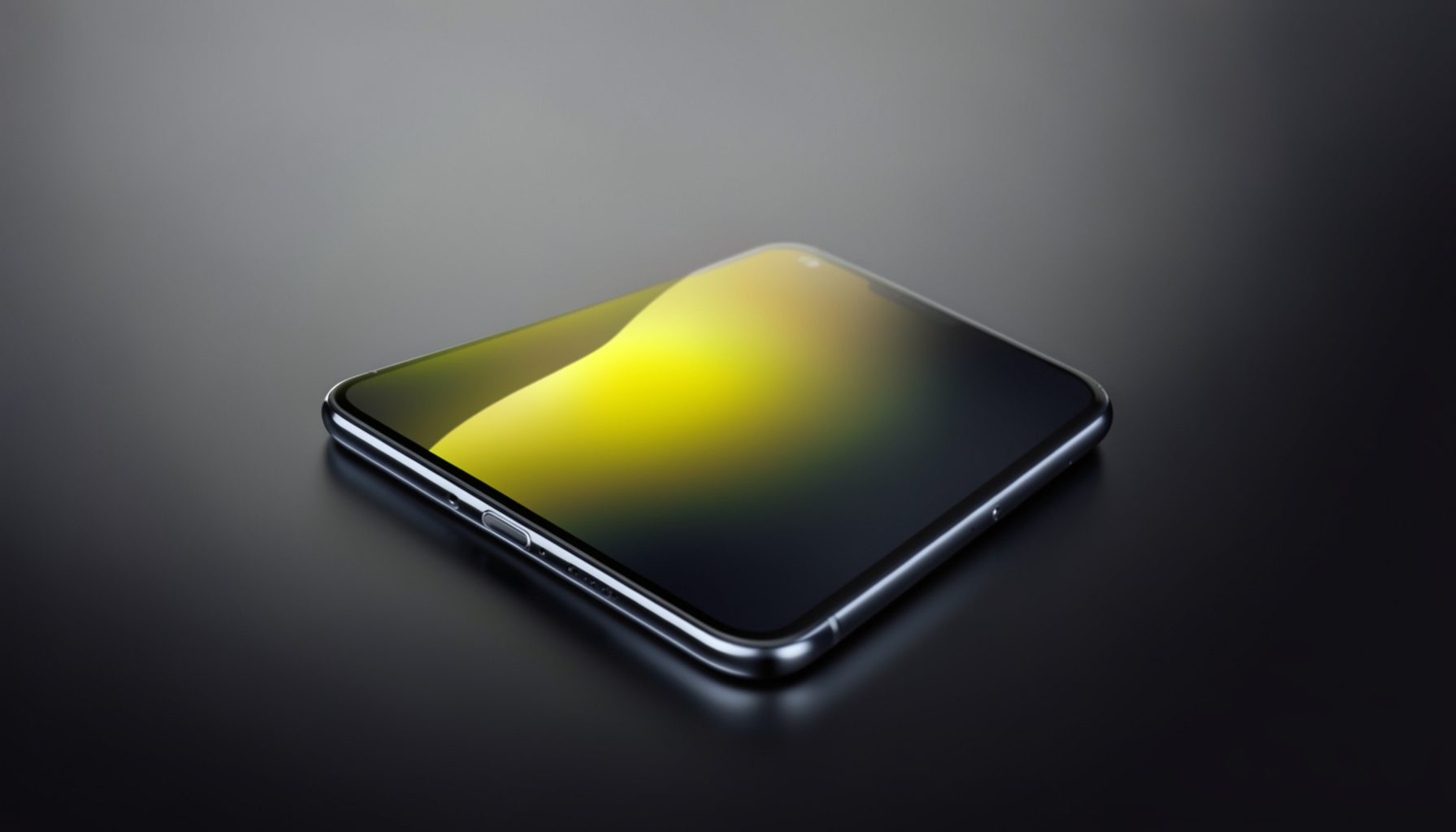 A sleek smartphone resting on a dark surface with subtle reflections, deep charcoal and silver tones against a muted gradient background.
